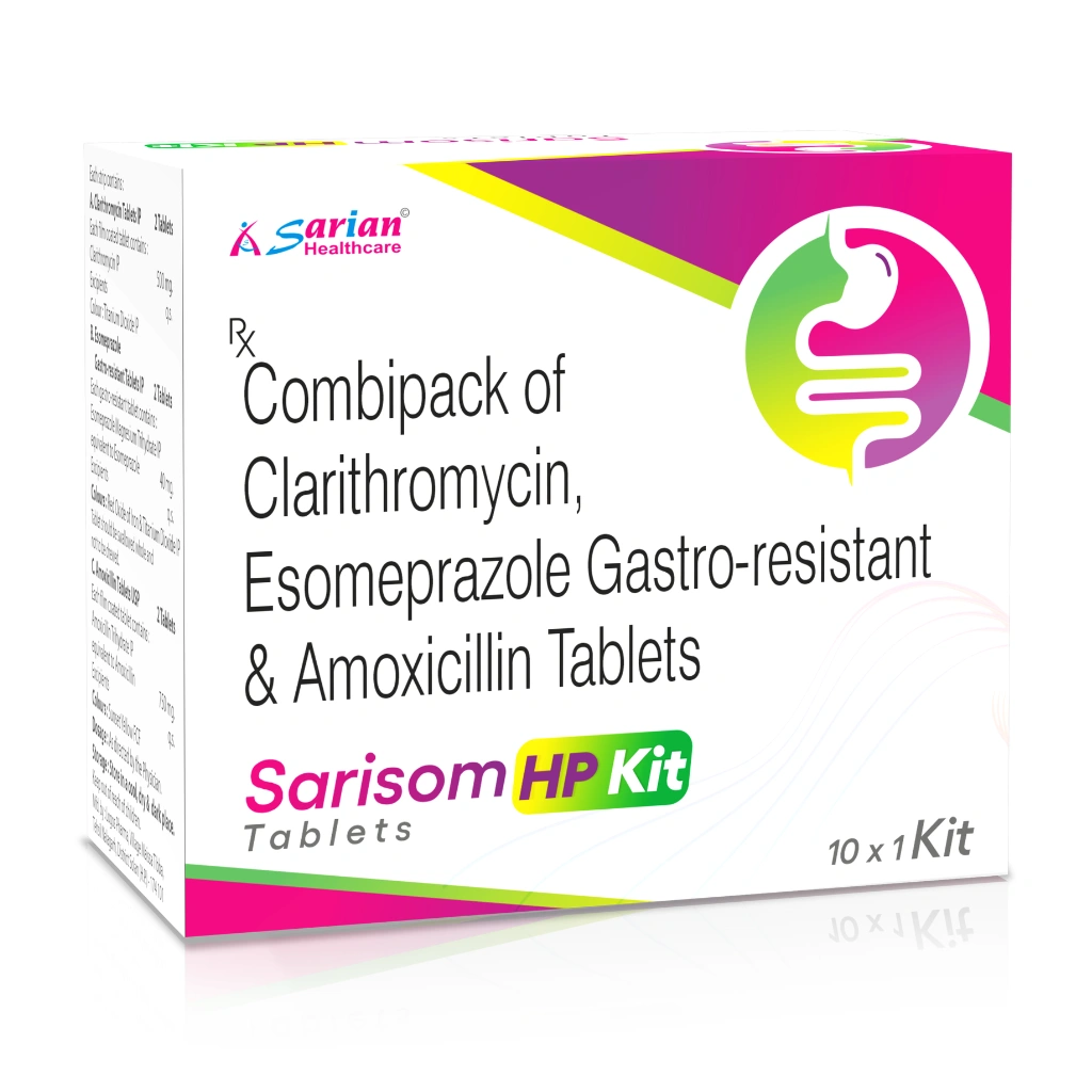 Clarithromycin 500mg + Esomeprazole 40mg - SARISOM HP KIT Clarithromycin 500mg + Esomeprazole 40mg Tablets – SARISOM HP KIT by Sarian Healthcare